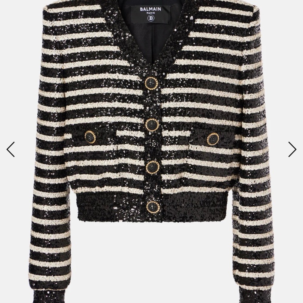 Balmain Black and White Striped Tweed Blazer